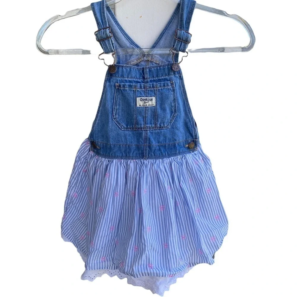 OshKosh B’Gosh Striped Denim Overall Jumper 5T Eyelet Lace Pink Flowers GUC